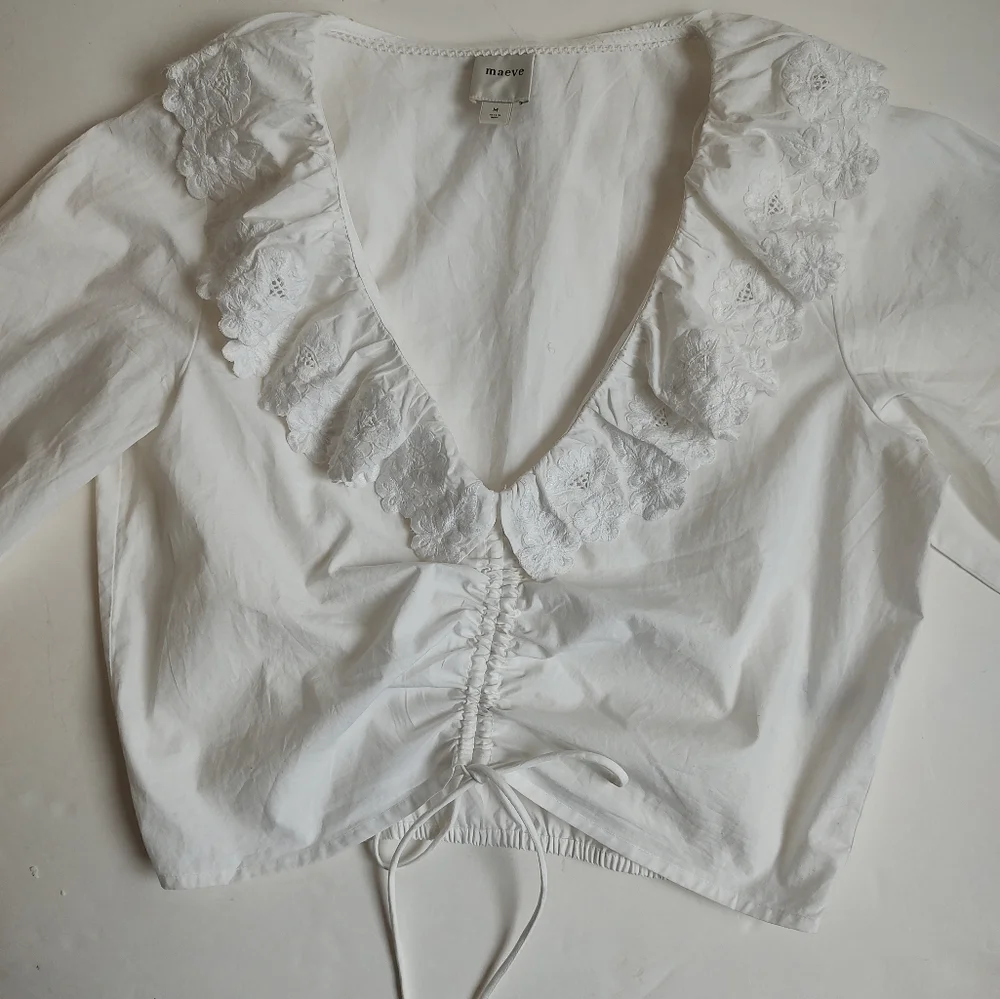 Maeve White Ruffled V-Neck Drawstring Blouse